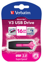 Verbatim 16GB V3 USB3.0 Pink Store'n'Go V3; Rectractable USB Storage Drive Memory Stick Verbatim 16GB V3 USB3.0 Pink Store'n'Go V3; Rectractable USB Storage Drive Memory Stick